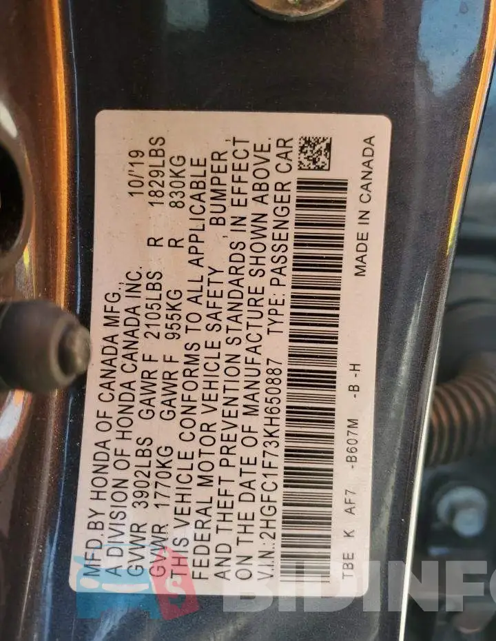 2HGFC1F73KH650887 Photo# 12