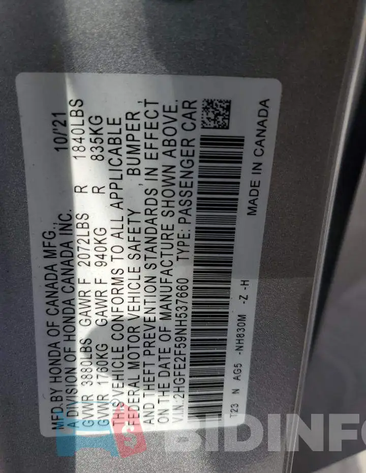 2HGFE2F59NH537660 Photo# 12