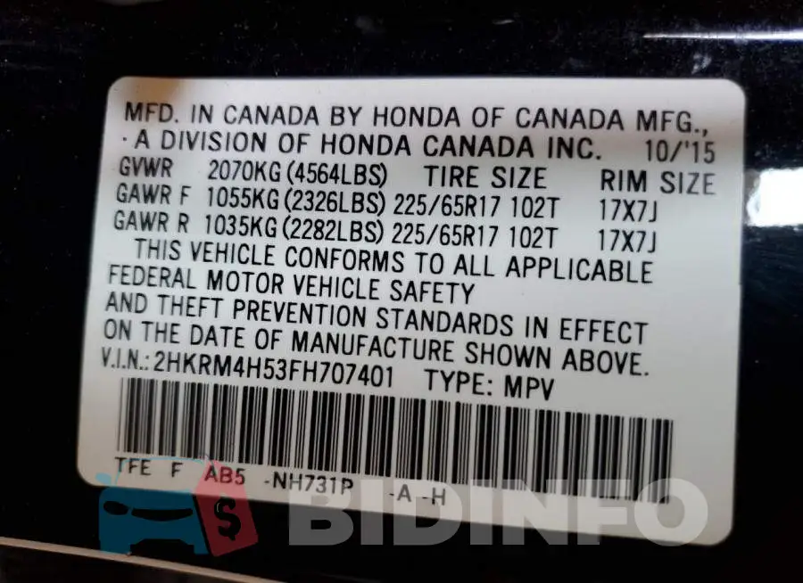 2HKRM4H53FH707401 Photo# 12