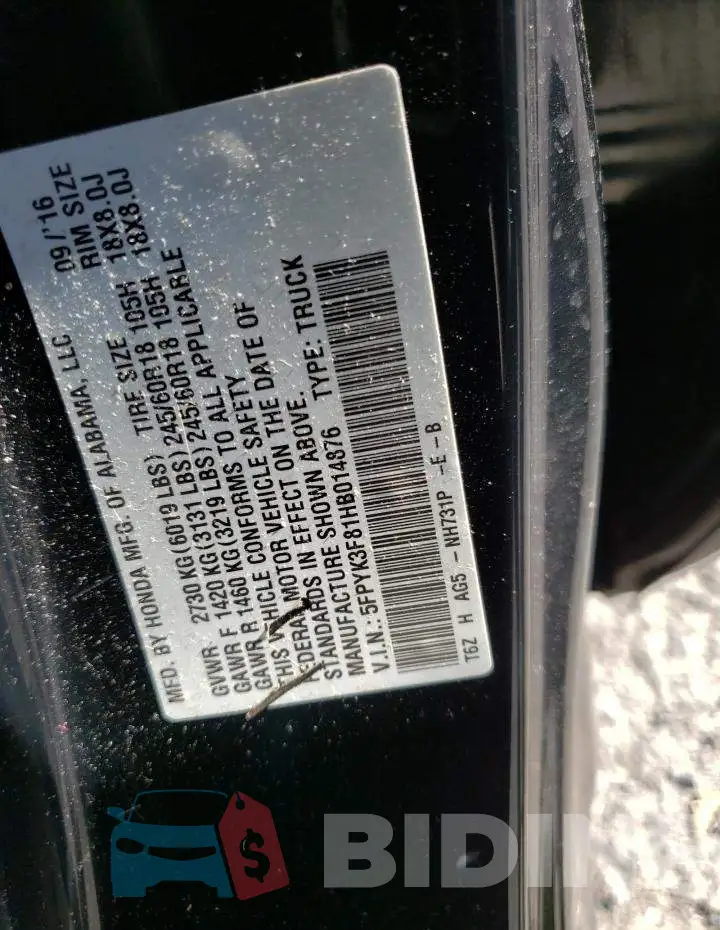 5FPYK3F81HB014876 Photo# 12