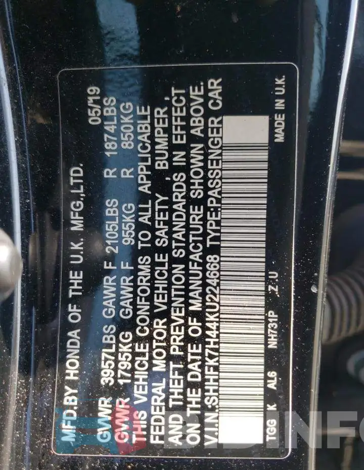 SHHFK7H44KU224668 Photo# 13