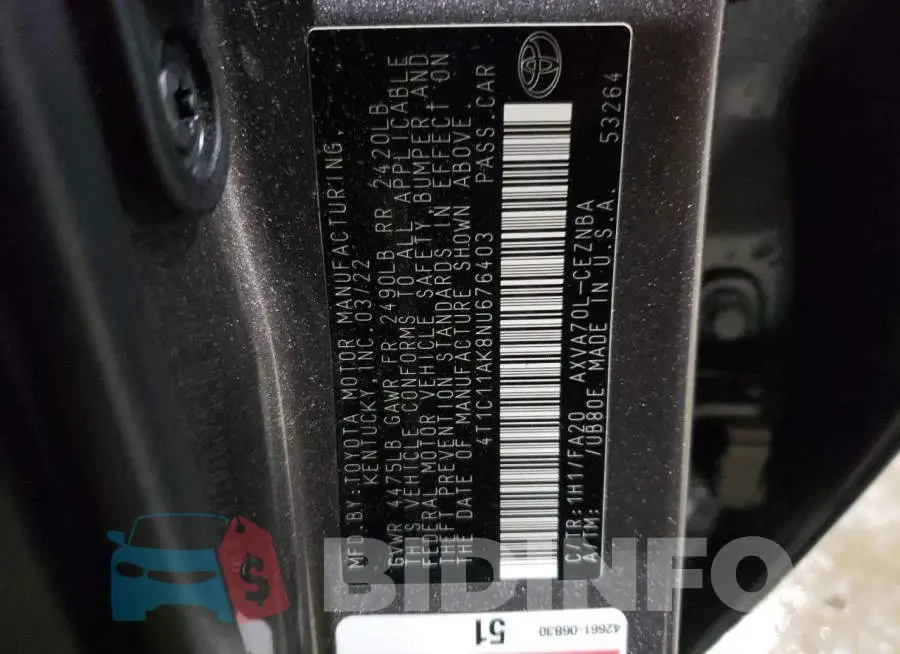 4T1C11AK8NU676403 Photo# 12