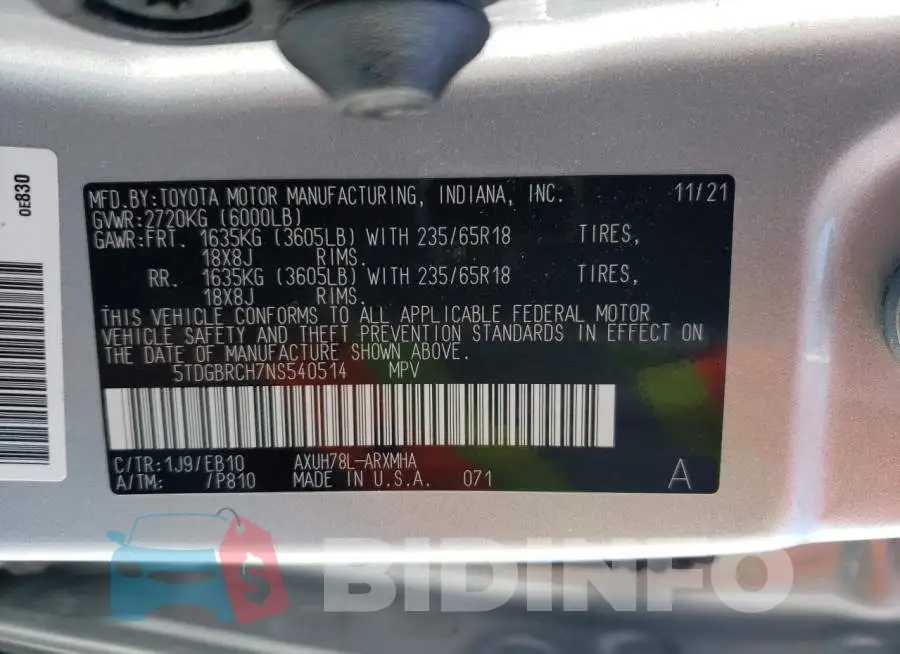 5TDGBRCH7NS540514 Photo# 13