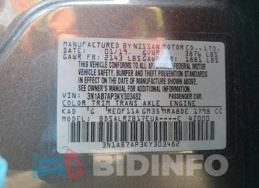 3N1AB7AP3KY303482 Photo# 12