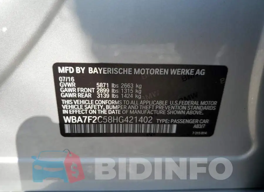 WBA7F2C58HG421402 Photo# 12