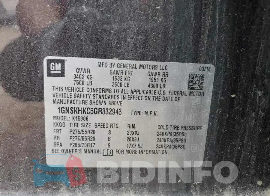 1GNSKHKC5GR332943 Photo# 13