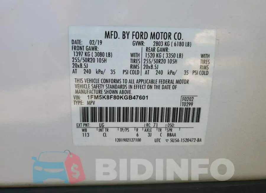 1FM5K8F80KGB47601 Photo# 12