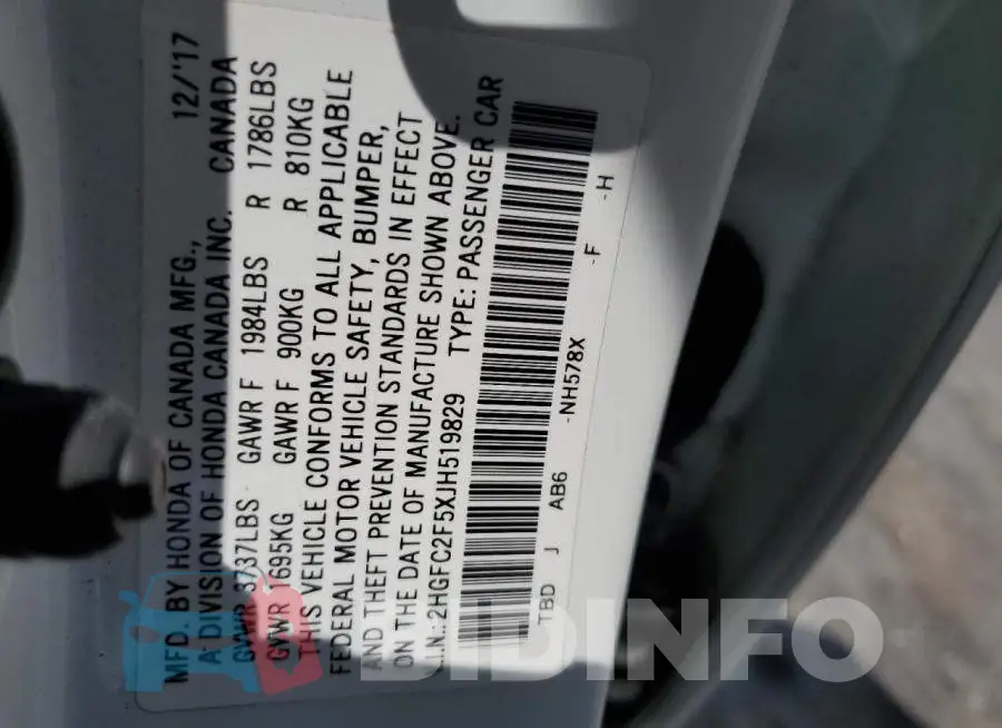 2HGFC2F5XJH519829 Photo# 12