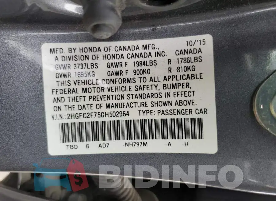 2HGFC2F75GH502964 Photo# 13