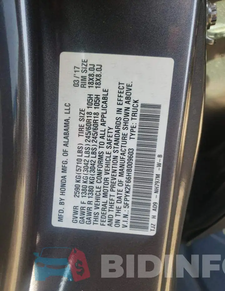 5FPYK2F66HB009603 Photo# 12
