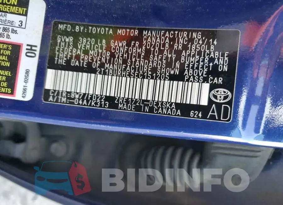 2T1BURHE5EC151205 Photo# 10
