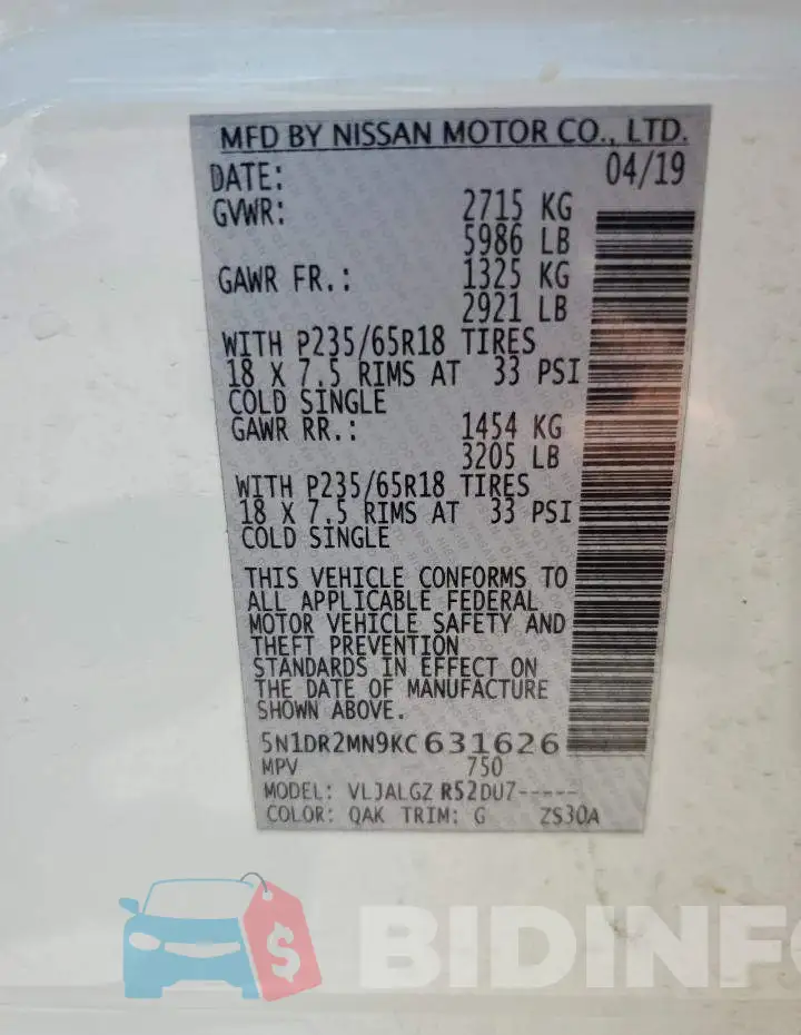 5N1DR2MN9KC631626 Photo# 13