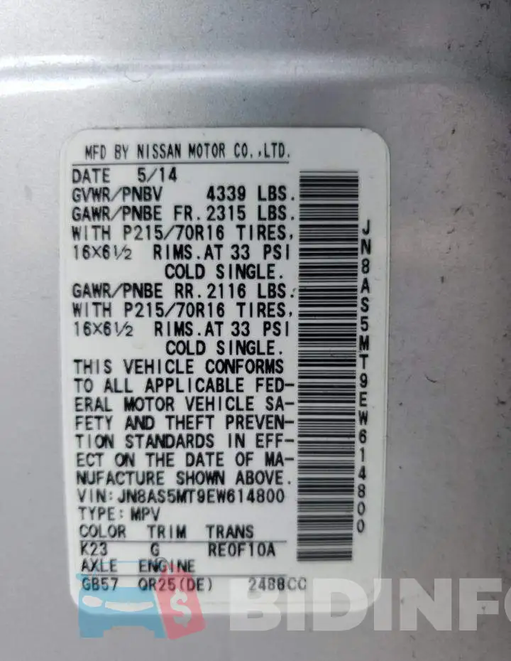JN8AS5MT9EW614800 Photo# 12