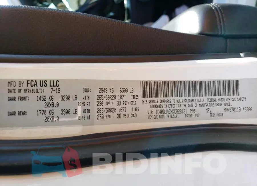 1C4RDJAGXKC828121 Photo# 14