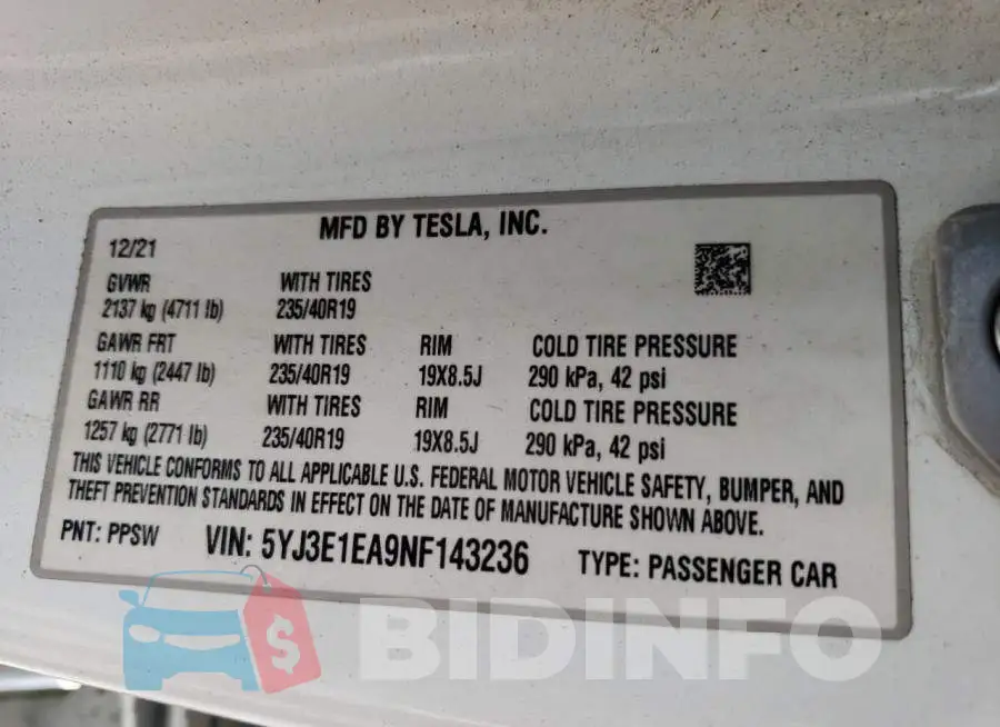 5YJ3E1EA9NF143236 Photo# 12