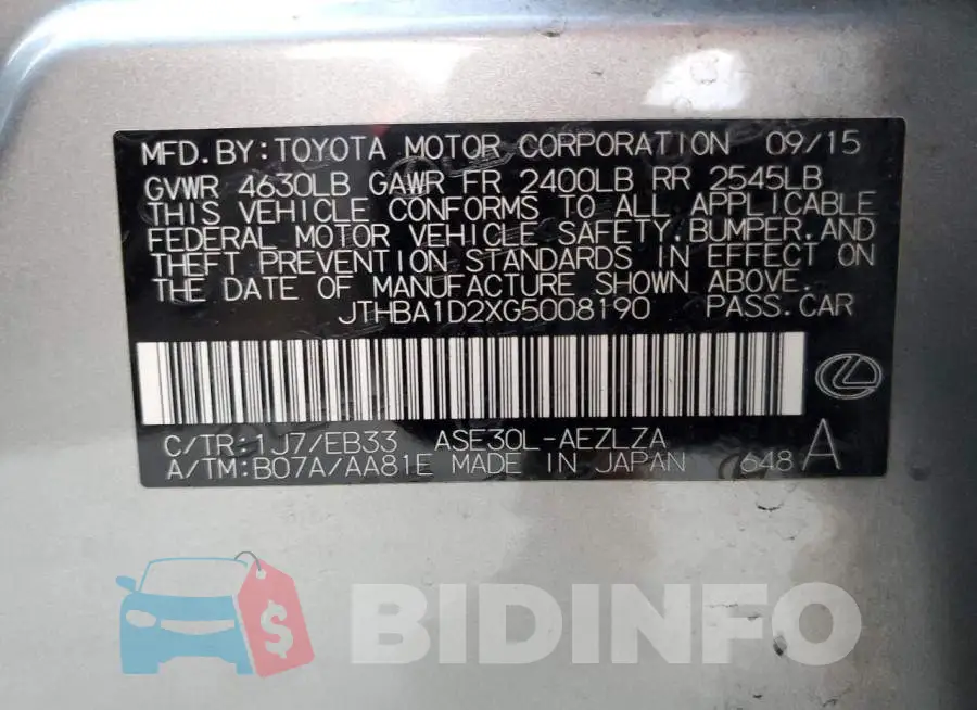 JTHBA1D2XG5008190 Photo# 12