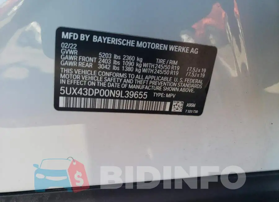 5UX43DP00N9L39655 Photo# 12