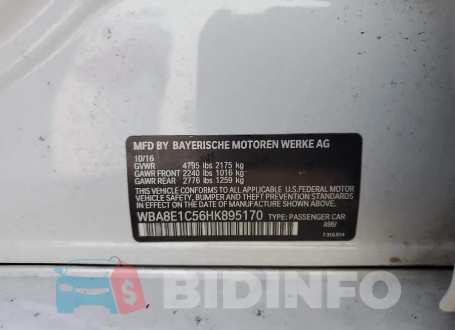 WBA8E1C56HK895170 Photo# 12