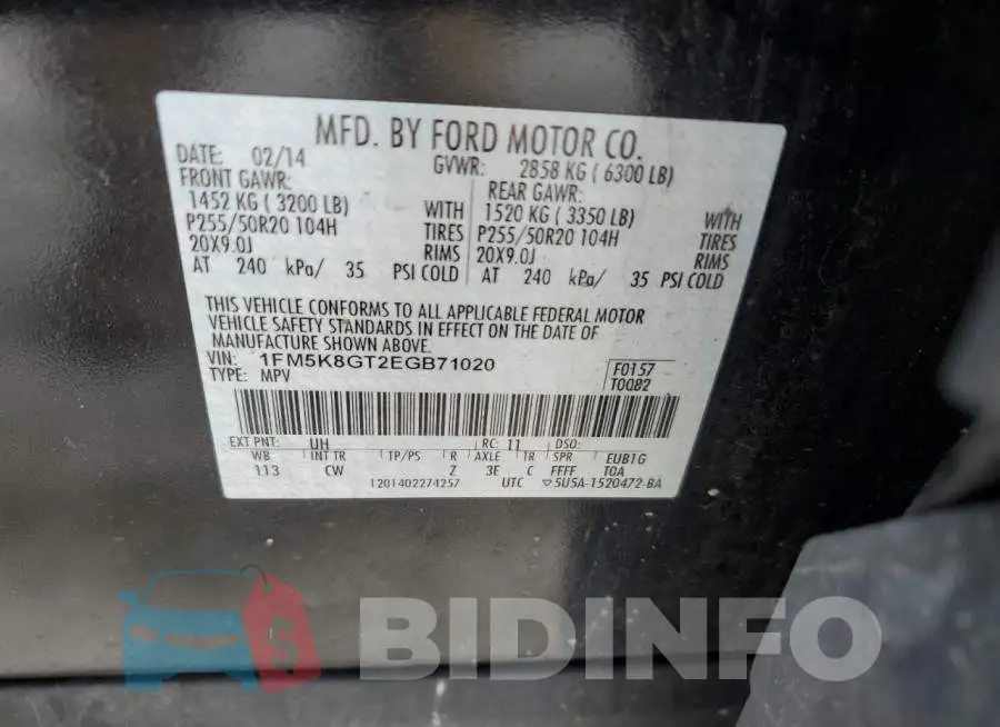 1FM5K8GT2EGB71020 Photo# 13