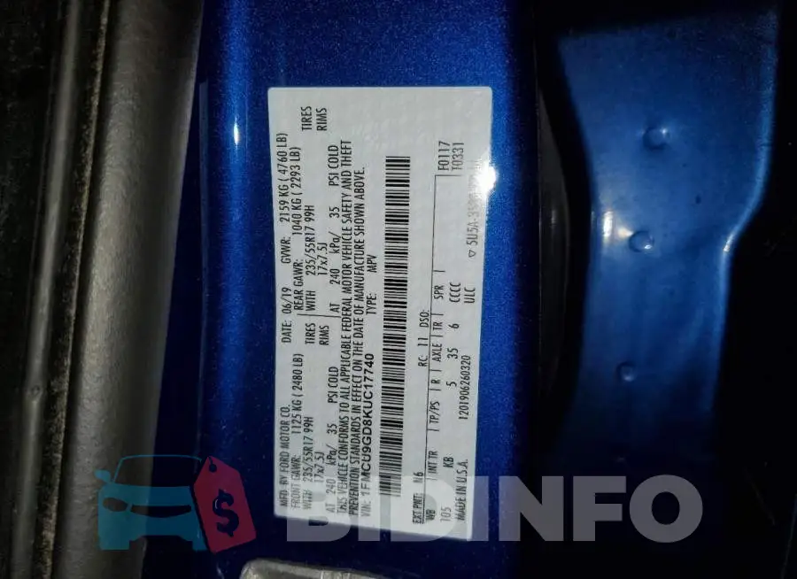 1FMCU9GD8KUC17740 Photo# 14