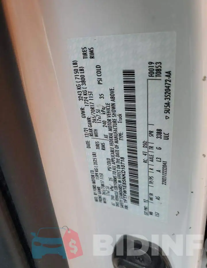 1FTFW1E85NKD10718 Photo# 12