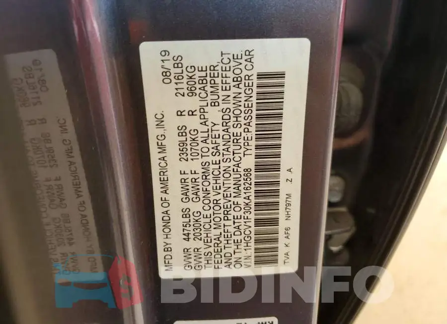 1HGCV1F30KA162568 Photo# 12