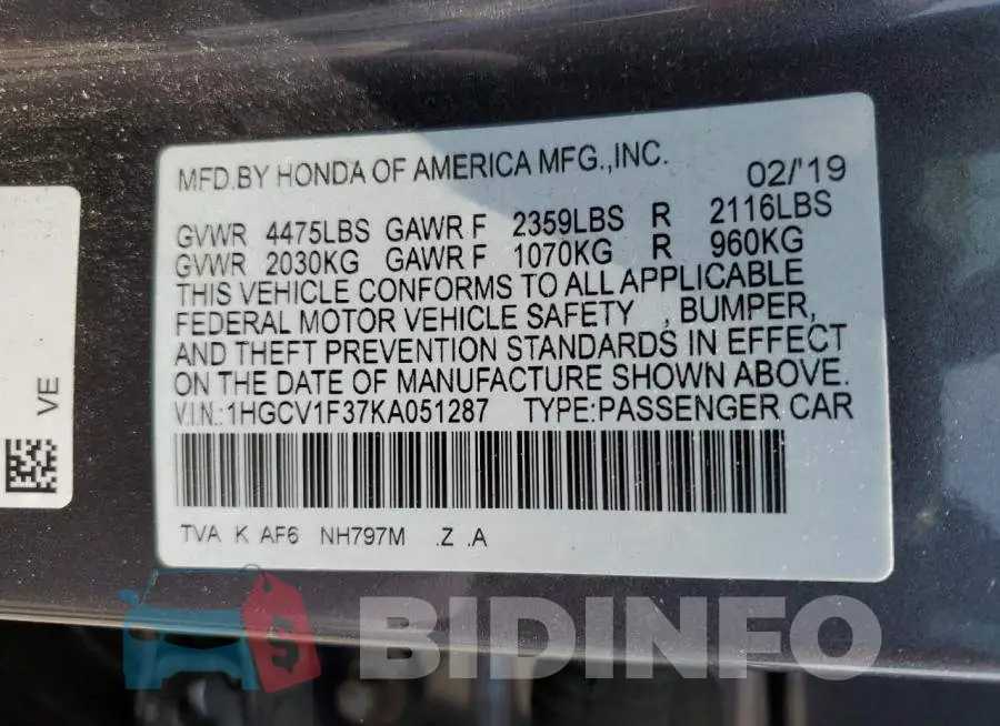 1HGCV1F37KA051287 Photo# 12