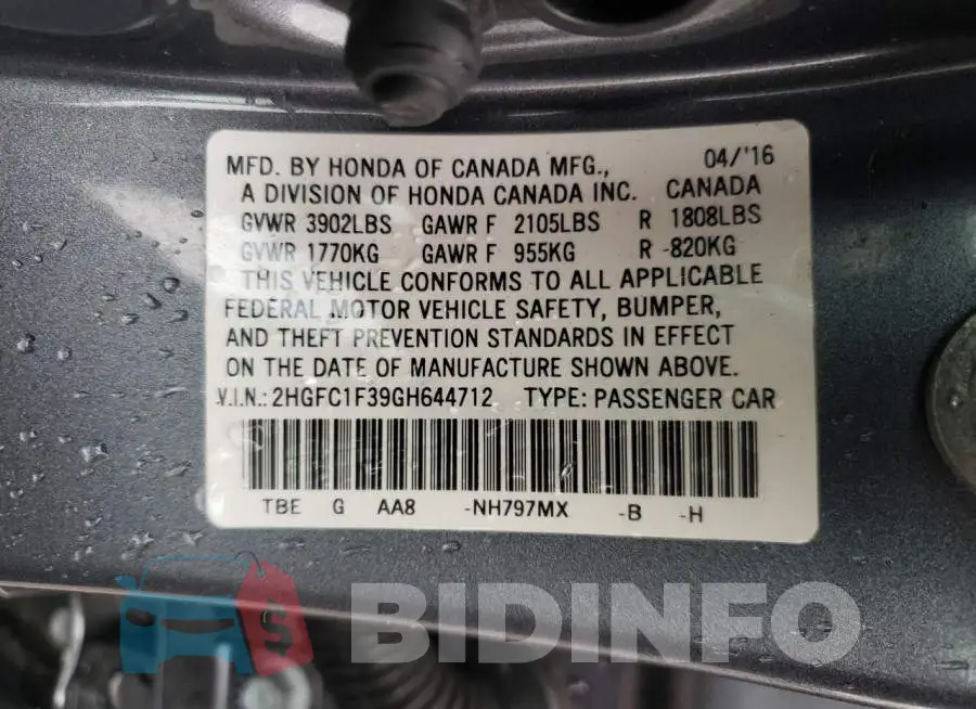 2HGFC1F39GH644712 Photo# 12