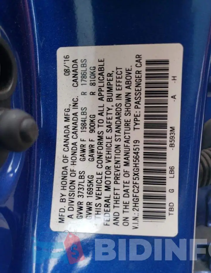 2HGFC2F5XGH564519 Photo# 12