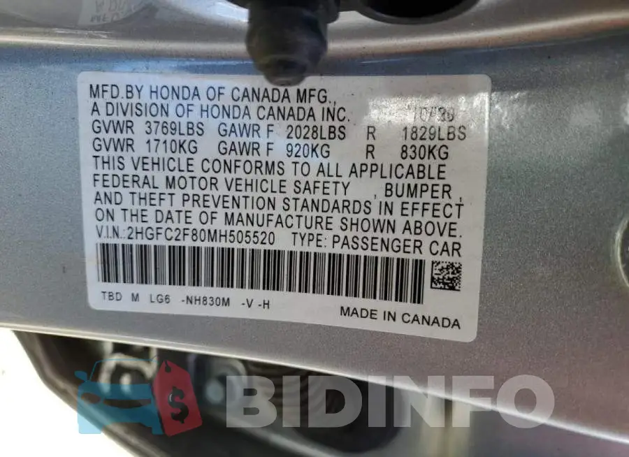 2HGFC2F80MH505520 Photo# 12
