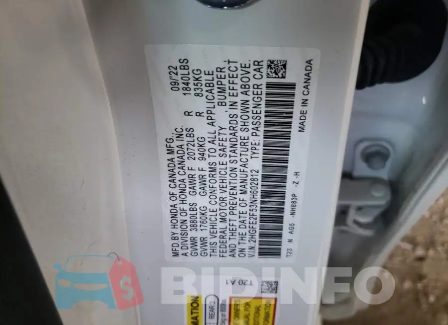 2HGFE2F53NH602812 Photo# 12