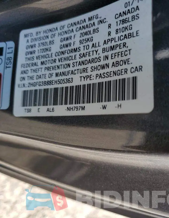 2HGFG3B88EH505363 Photo# 12