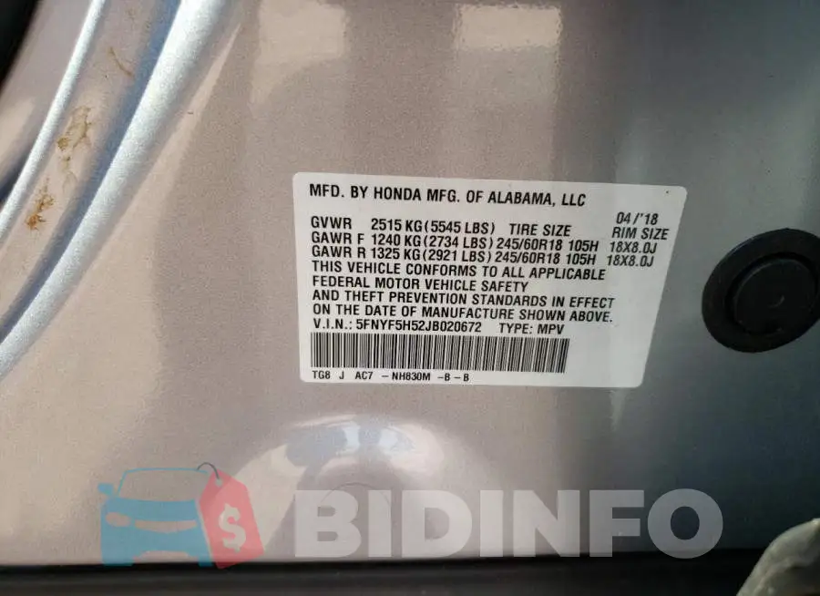 5FNYF5H52JB020672 Photo# 12