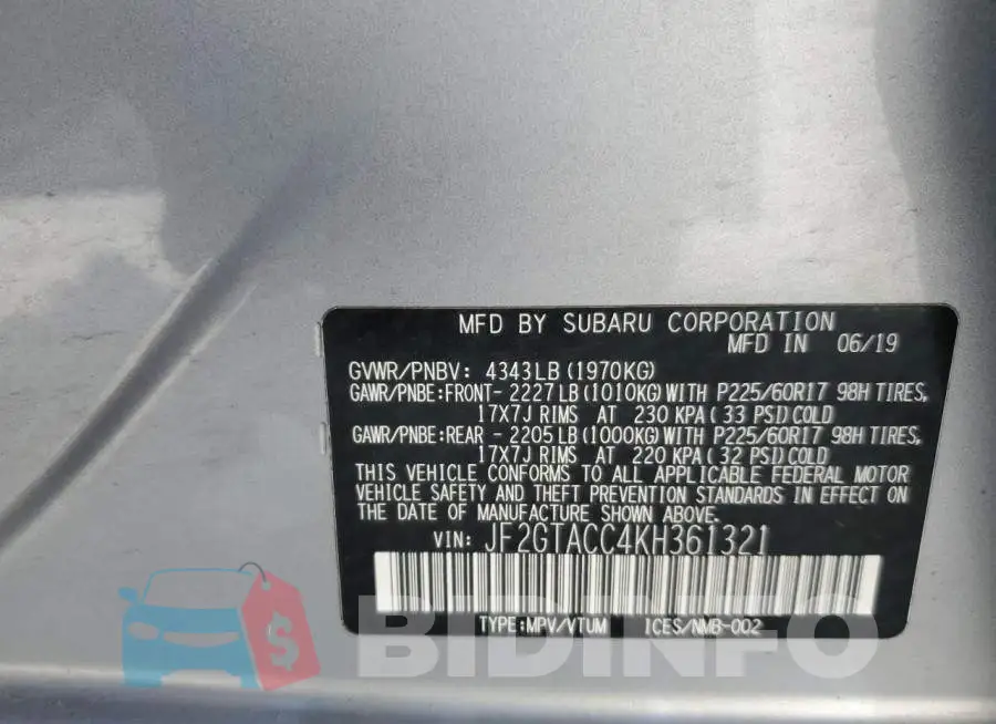 JF2GTACC4KH361321 Photo# 12