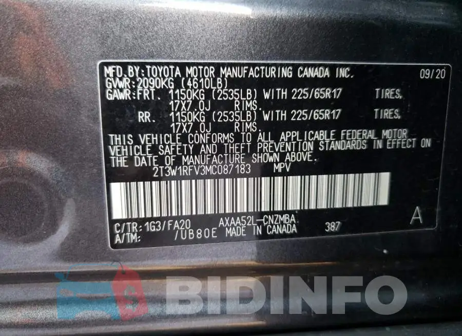 2T3W1RFV3MC087183 Photo# 13