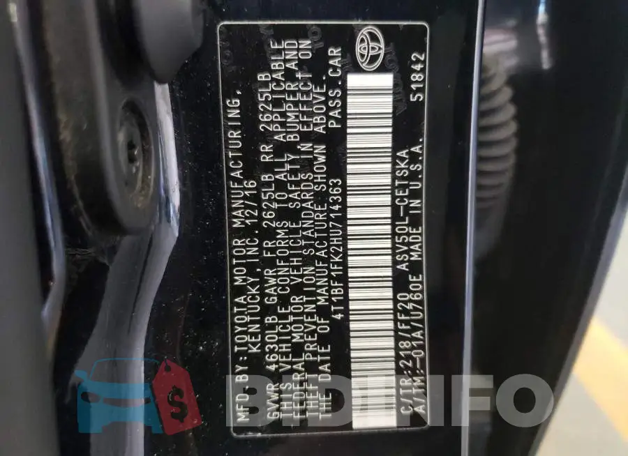 4T1BF1FK2HU714363 Photo# 12