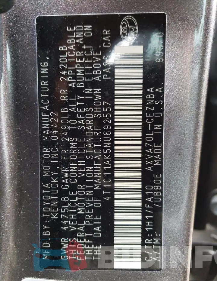 4T1C11AK5NU692557 Photo# 12