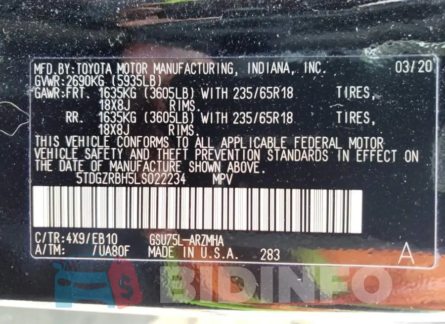 5TDGZRBH5LS022234 Photo# 14