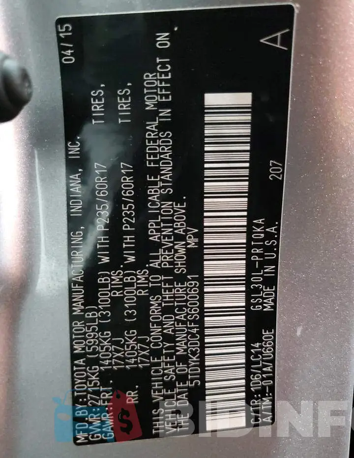5TDYK3DC4FS600691 Photo# 13