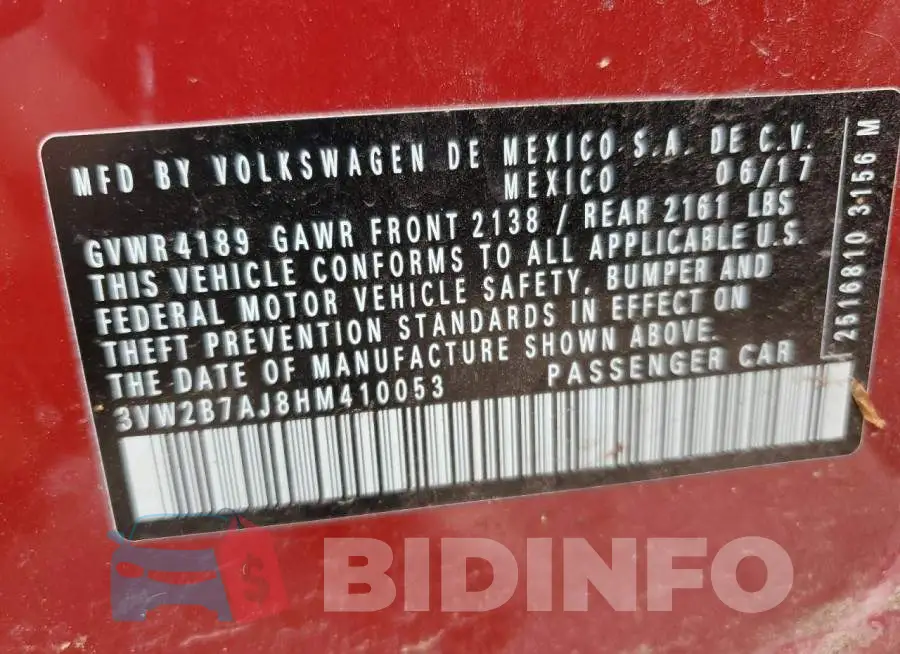 3VW2B7AJ8HM410053 Photo# 12
