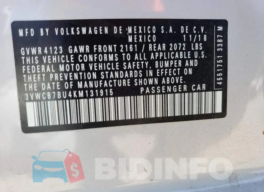 3VWCB7BU4KM131915 Photo# 12