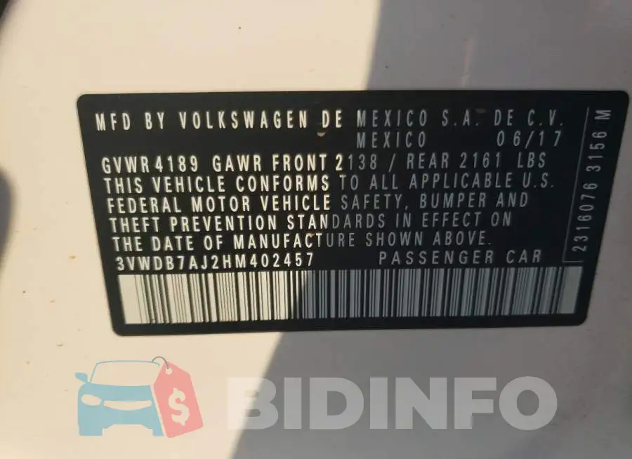 3VWDB7AJ2HM402457 Photo# 12
