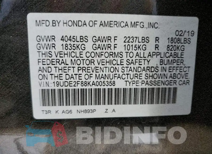 19UDE2F88KA005358 Photo# 12