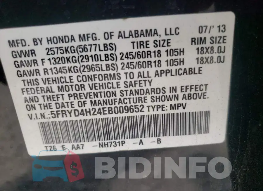 5FRYD4H24EB009652 Photo# 13
