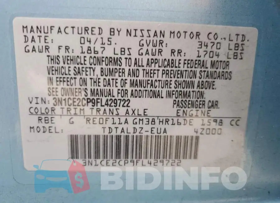 3N1CE2CP9FL429722 Photo# 12