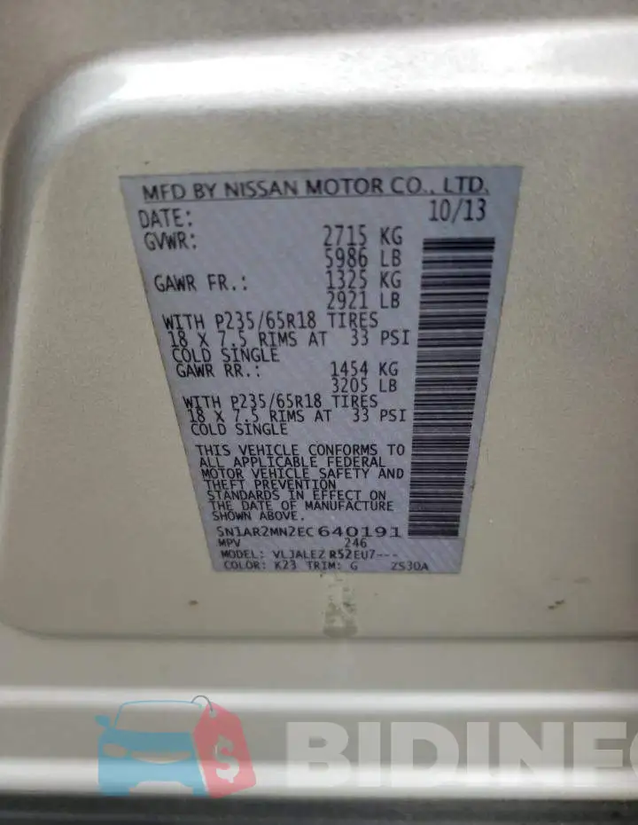 5N1AR2MN2EC640191 Photo# 12