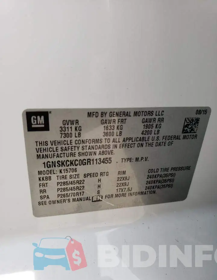 1GNSKCKC0GR113455 Photo# 13
