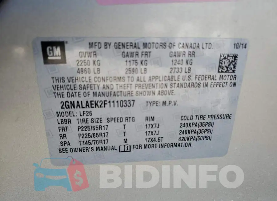 2GNALAEK2F1110337 Photo# 13