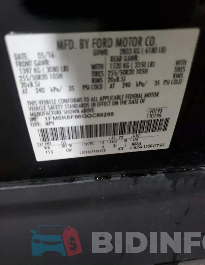 1FM5K8F86GGC89295 Photo# 14