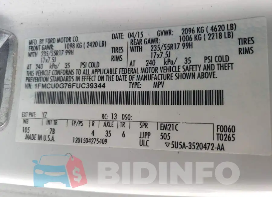 1FMCU0G76FUC39344 Photo# 13